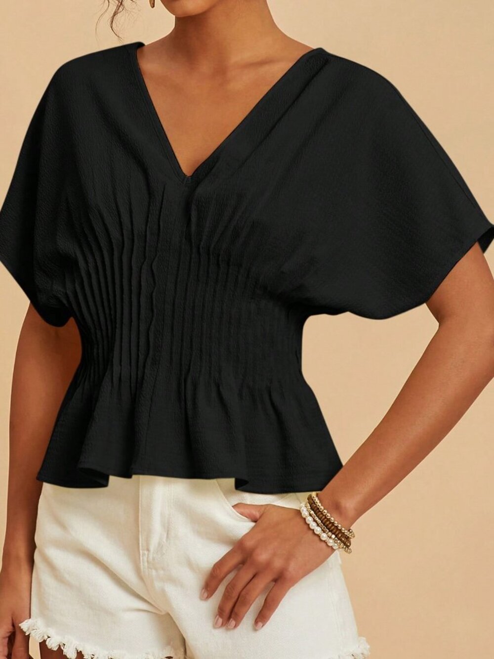 Black Casual Women's Cinched Waist Batwing Sleeve Top